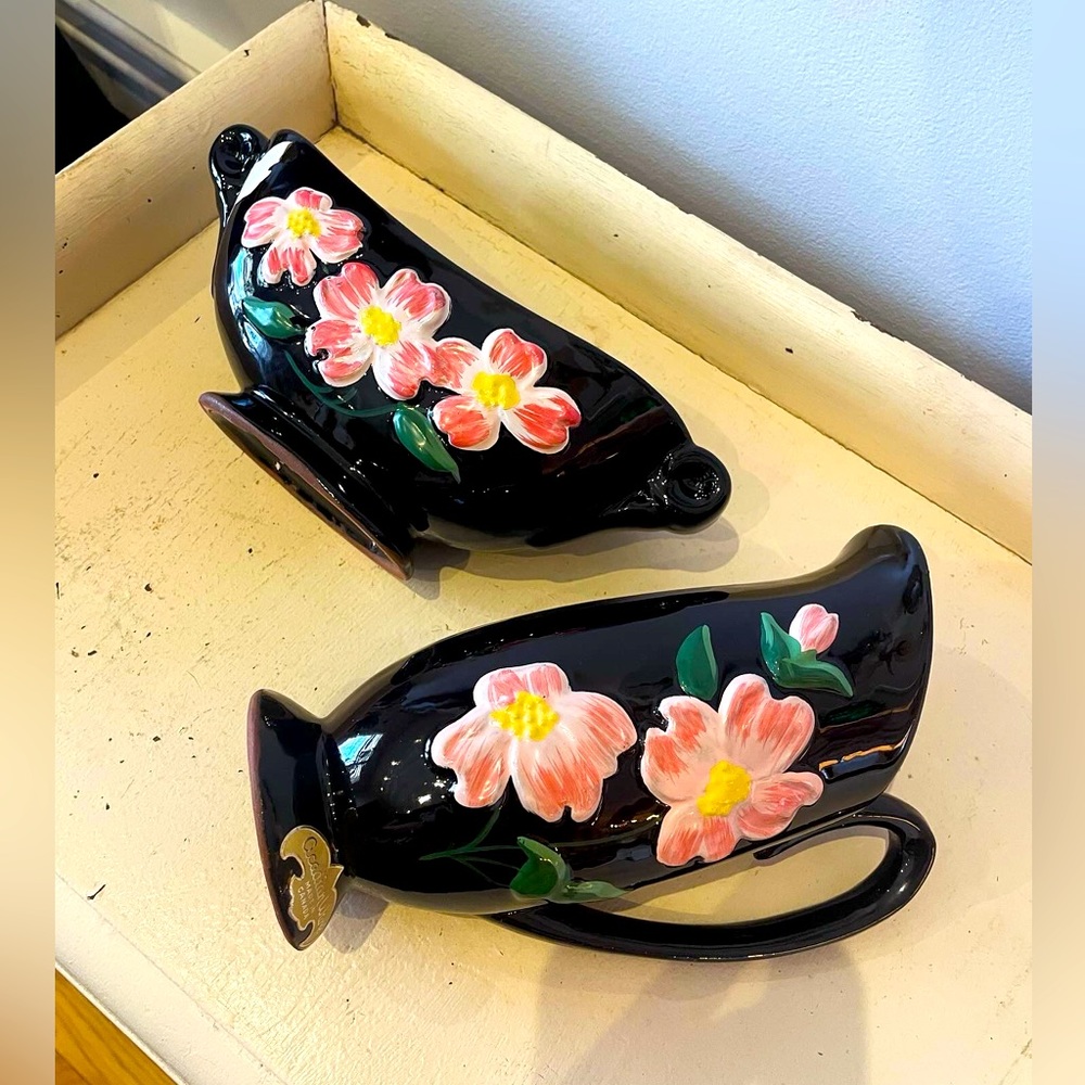 Vintage Black & Pink Floral Acadian Ware Pottery Vase 2 Piece Set